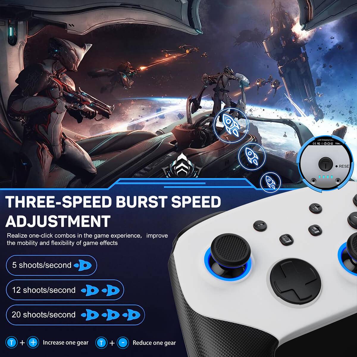 KS11 Wireless Pro Controller featuring three-speed burst adjustment, allowing players to set shooting speeds at 5, 12, or 20 shots per second.