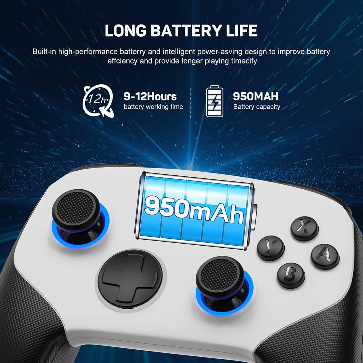 KS11 Wireless Pro Controller with a 950mAh battery, providing 9-12 hours of gameplay with intelligent power-saving technology for extended use.