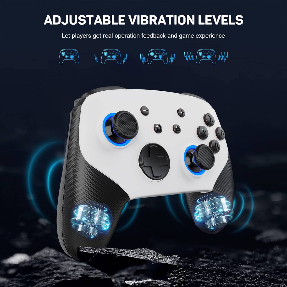 KS11 Wireless Pro Controller with adjustable vibration levels, delivering real-time feedback for a more immersive and responsive gaming experience.