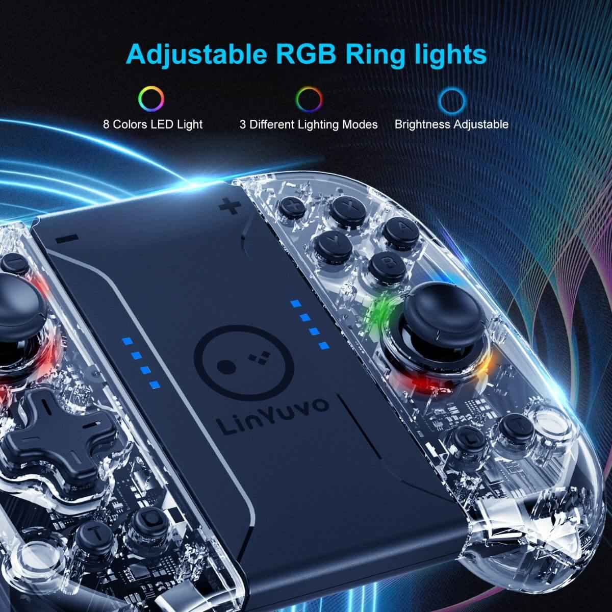 KS58 Nintendo Switch Controller with adjustable RGB ring lights, offering 8 colors and 3 lighting modes for customization.