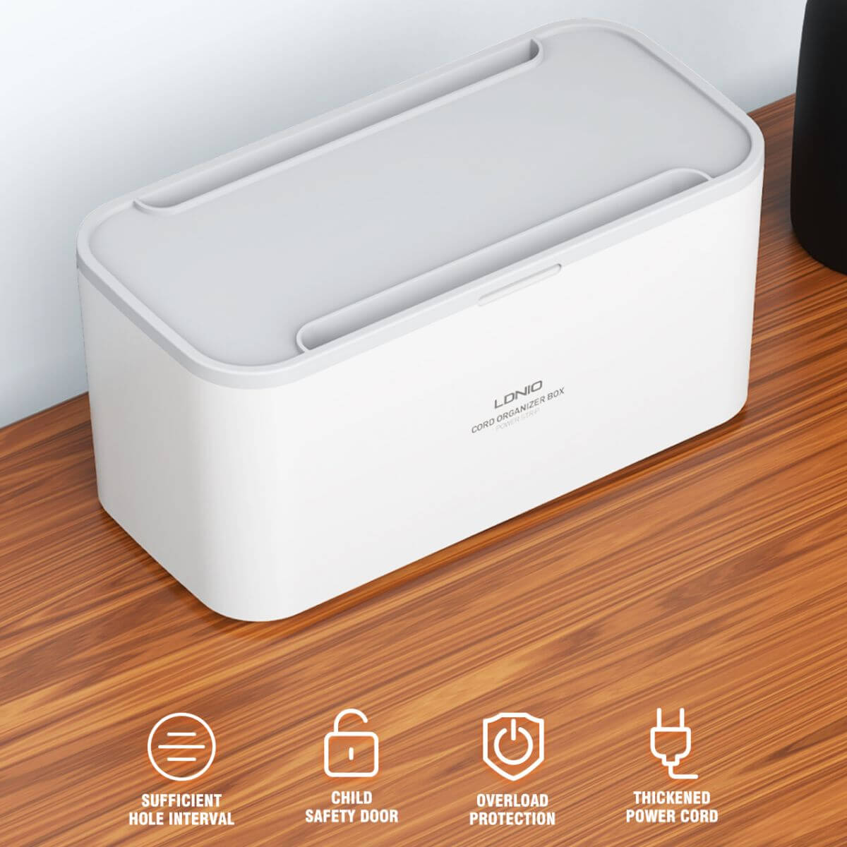 LDNIO SN5311 Power Strip Box with child safety door, overload protection, and sufficient hole intervals for secure and organized power use.