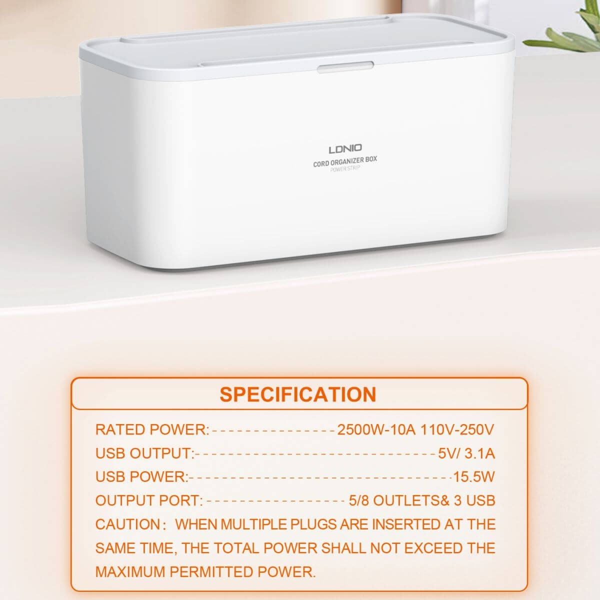 Specification details of LDNIO 2500W Power Strip Box SN5311, including rated power, USB output, and total outlet capacity for safe usage.