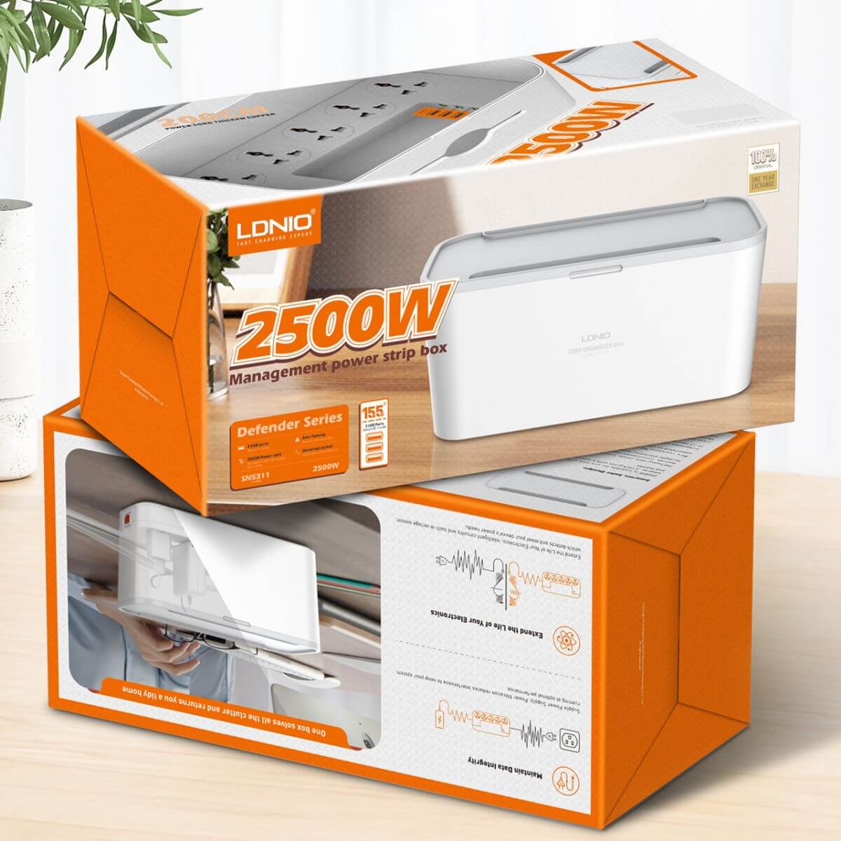 LDNIO 2500W Management Power Strip Box SN5311 in retail packaging, highlighting key features like fireproof material, USB ports, and safety design.