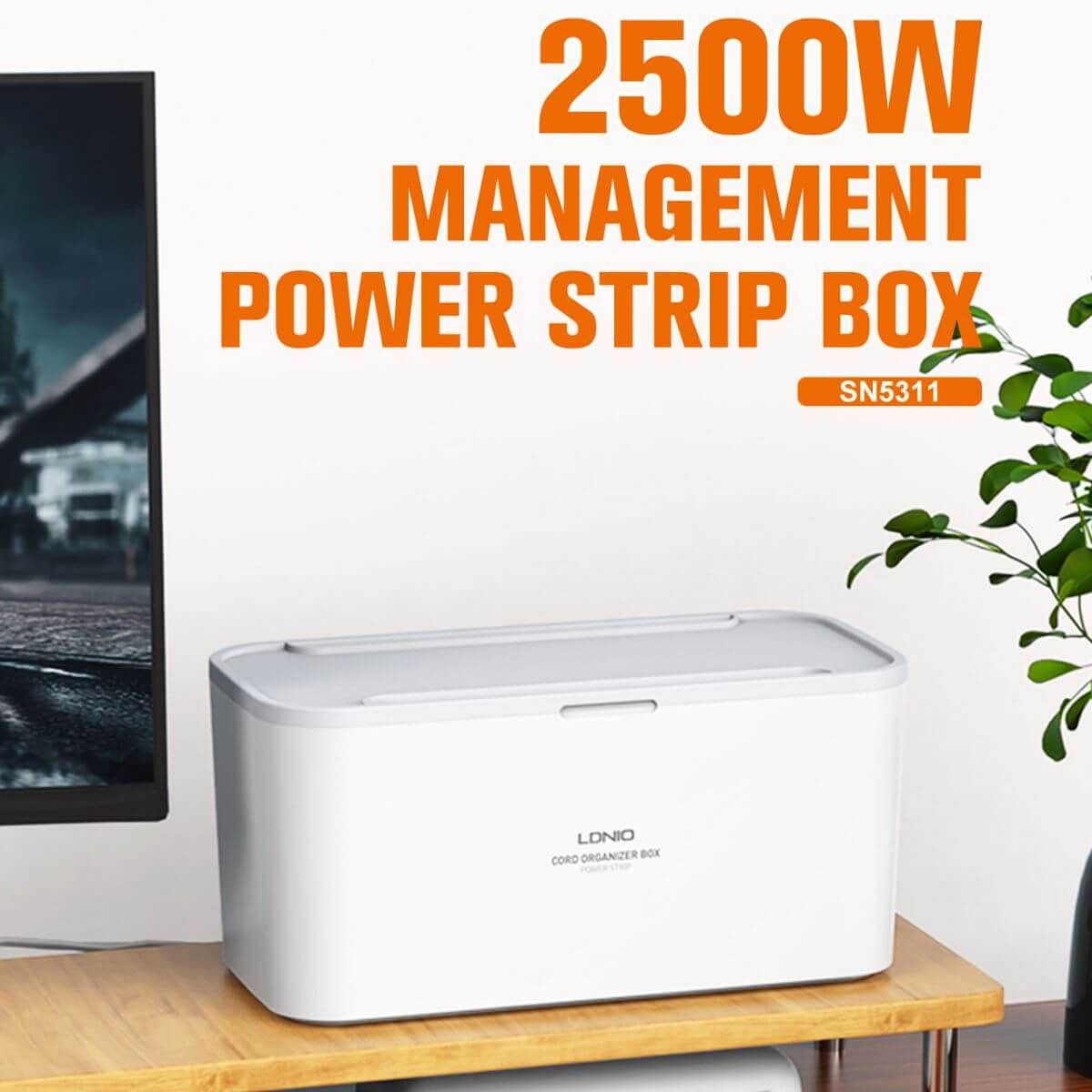 LDNIO 2500W Power Strip Box SN5311 placed on a wooden surface, offering a sleek design for cable organization and efficient power management.