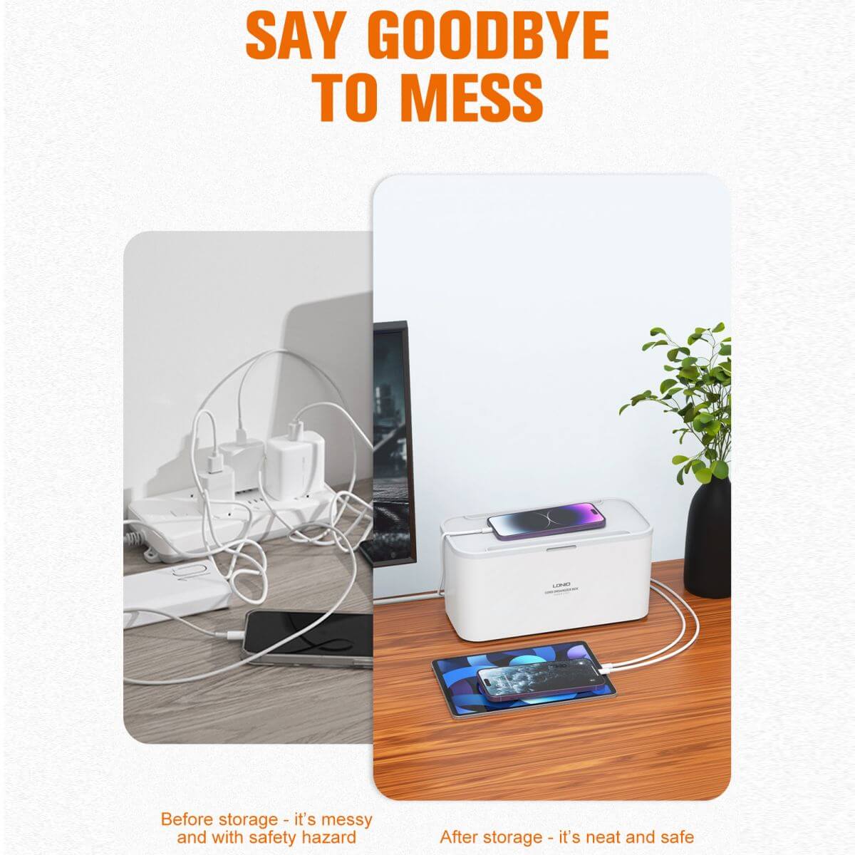 Before and after comparison of cable management using LDNIO 2500W Power Strip Box SN5311, transforming a messy setup into a neat workspace.