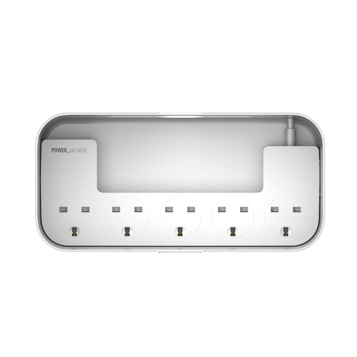 Top-down view of LDNIO 2500W Power Strip Box SN5311, displaying five power outlets and a dedicated USB charging section for convenience.
