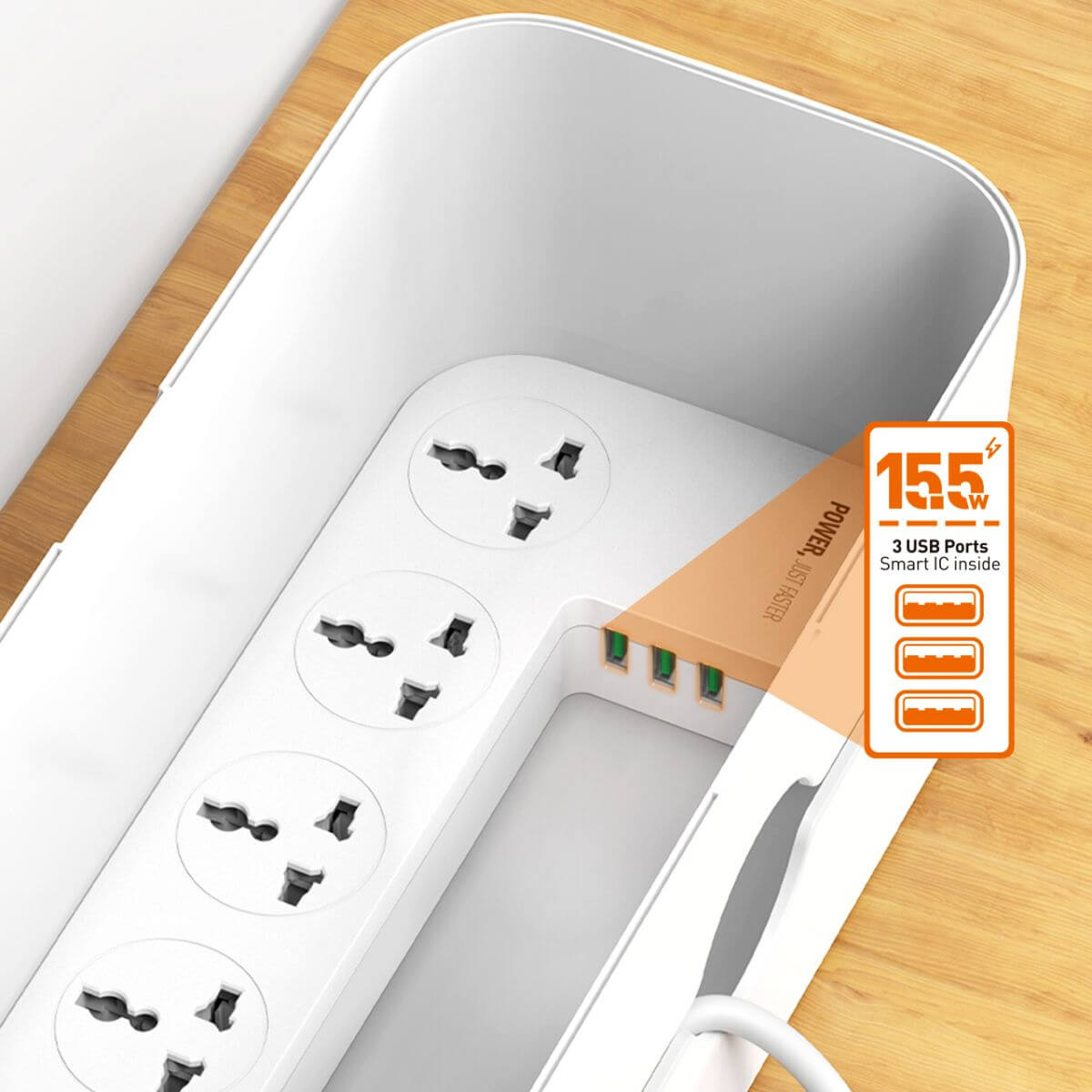 LDNIO 2500W Power Strip Box featuring 3 USB ports with Smart IC technology, providing 15.5W fast charging for multiple devices.