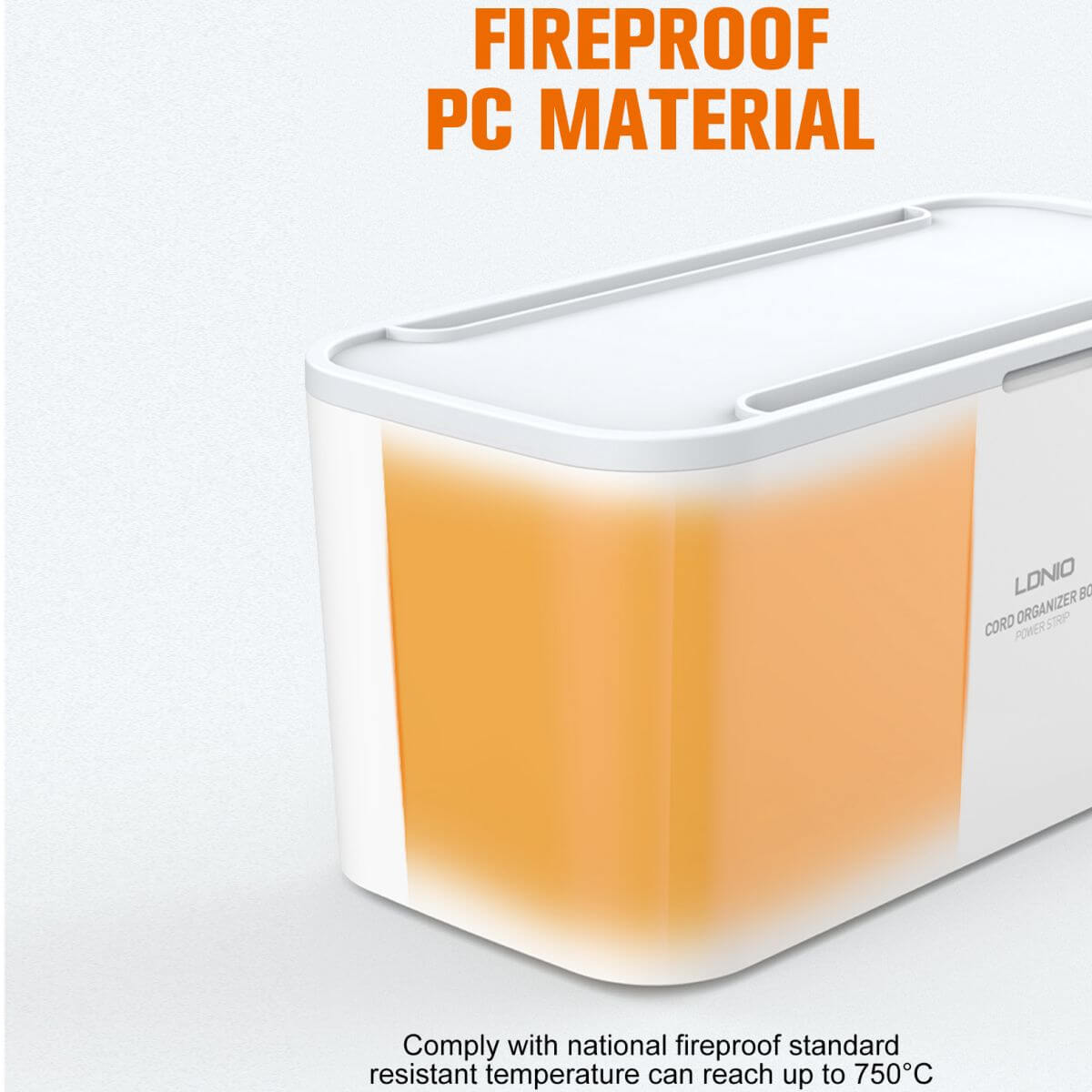 LDNIO 2500W Power Strip Box made of fireproof PC material, ensuring safety with heat resistance up to 750°C for secure power usage.