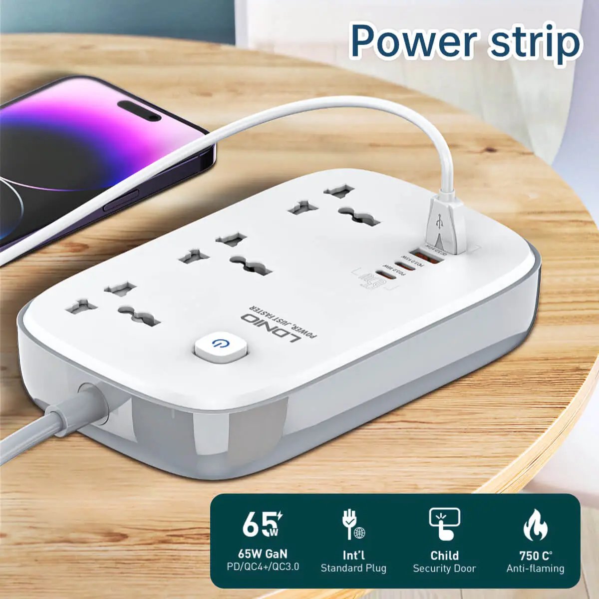 LDNIO 3 AC Outlets 4 USB Power Strip SC3416 charging multiple devices, including a smartphone. 65W fast charging with child security door and anti-flaming material.
