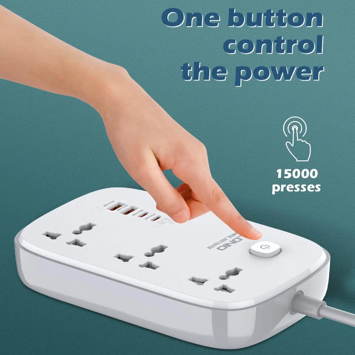 One-button power control feature on the LDNIO SC3416 power strip, tested for 15,000 presses for long-lasting durability and convenience.