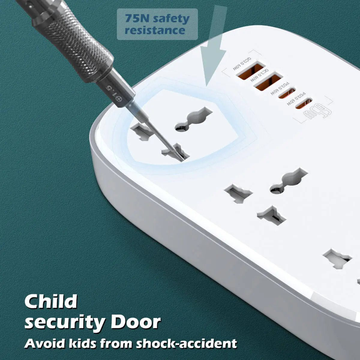Child security door feature on the LDNIO SC3416 power strip, designed to prevent accidental electric shocks and enhance safety.