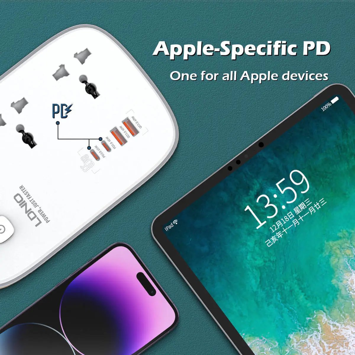 LDNIO SC3416 power strip with Apple-specific PD fast charging, ensuring optimal power delivery for Apple devices like iPads and iPhones.