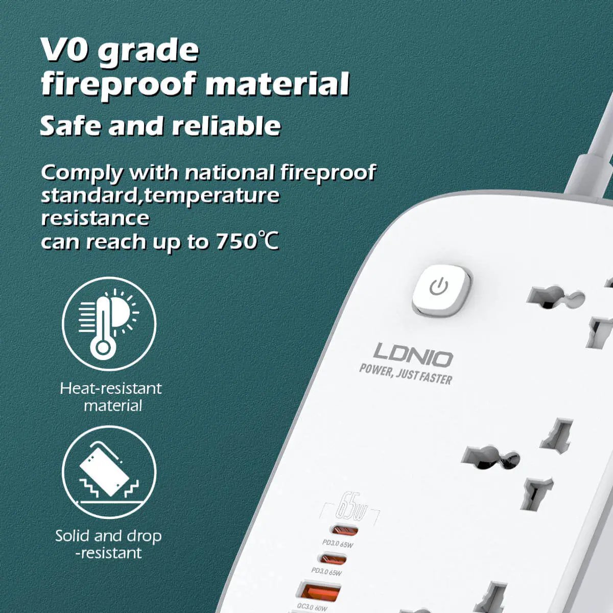 VO-grade fireproof material used in the LDNIO SC3416 power strip, offering heat resistance up to 750°C for enhanced safety and reliability.