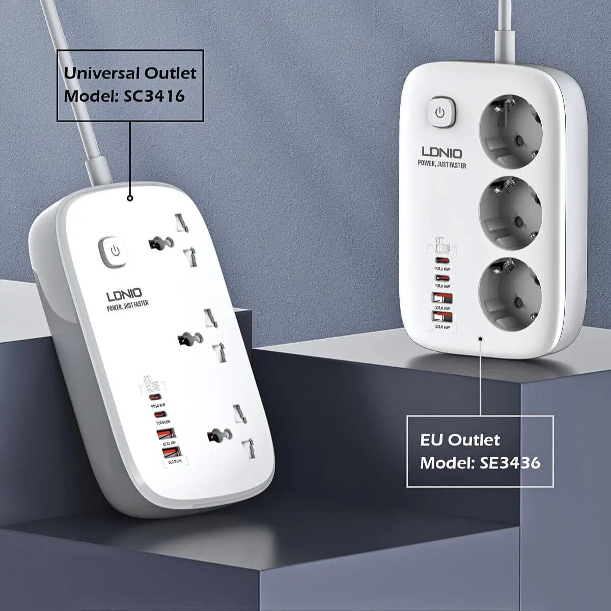 Comparison of LDNIO SC3416 universal outlet model and SE3436 EU outlet model, highlighting their design differences and compatibility.