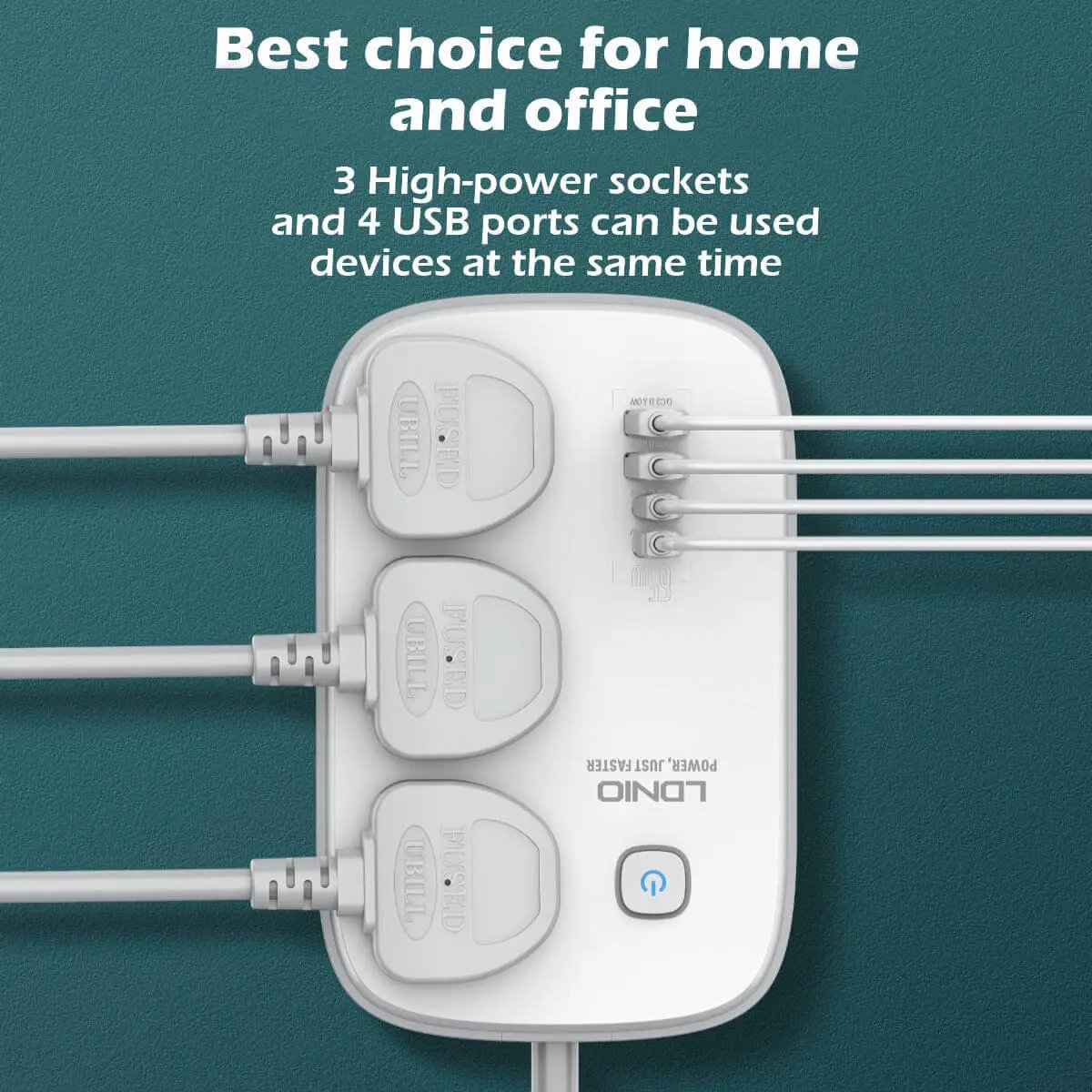 LDNIO SC3416 power strip with 3 high-power sockets and 4 USB ports, ideal for home and office use, supporting multiple devices simultaneously.