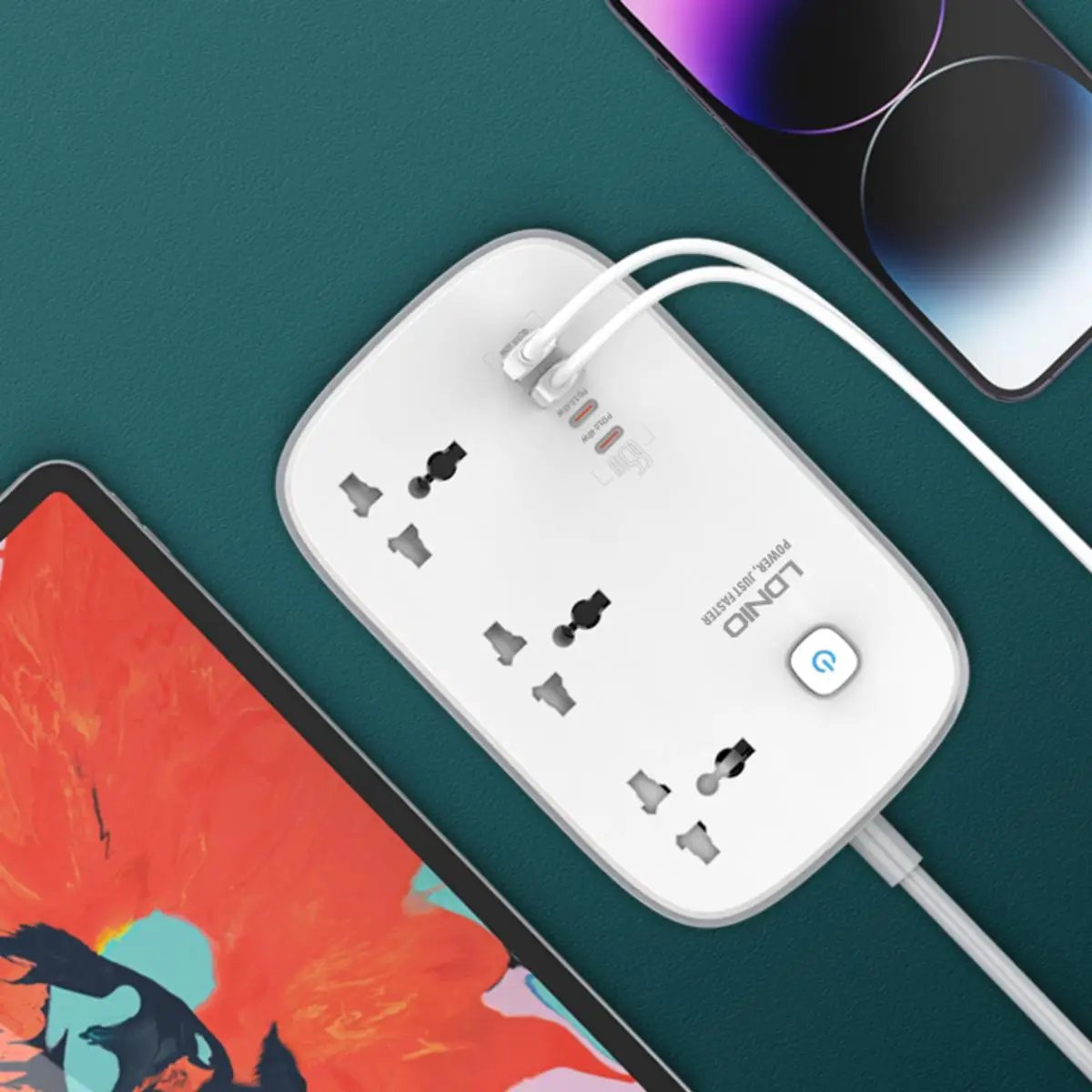 LDNIO SC3416 power strip charging multiple devices, including a tablet and smartphone, with its 3 AC outlets and 4 USB ports.