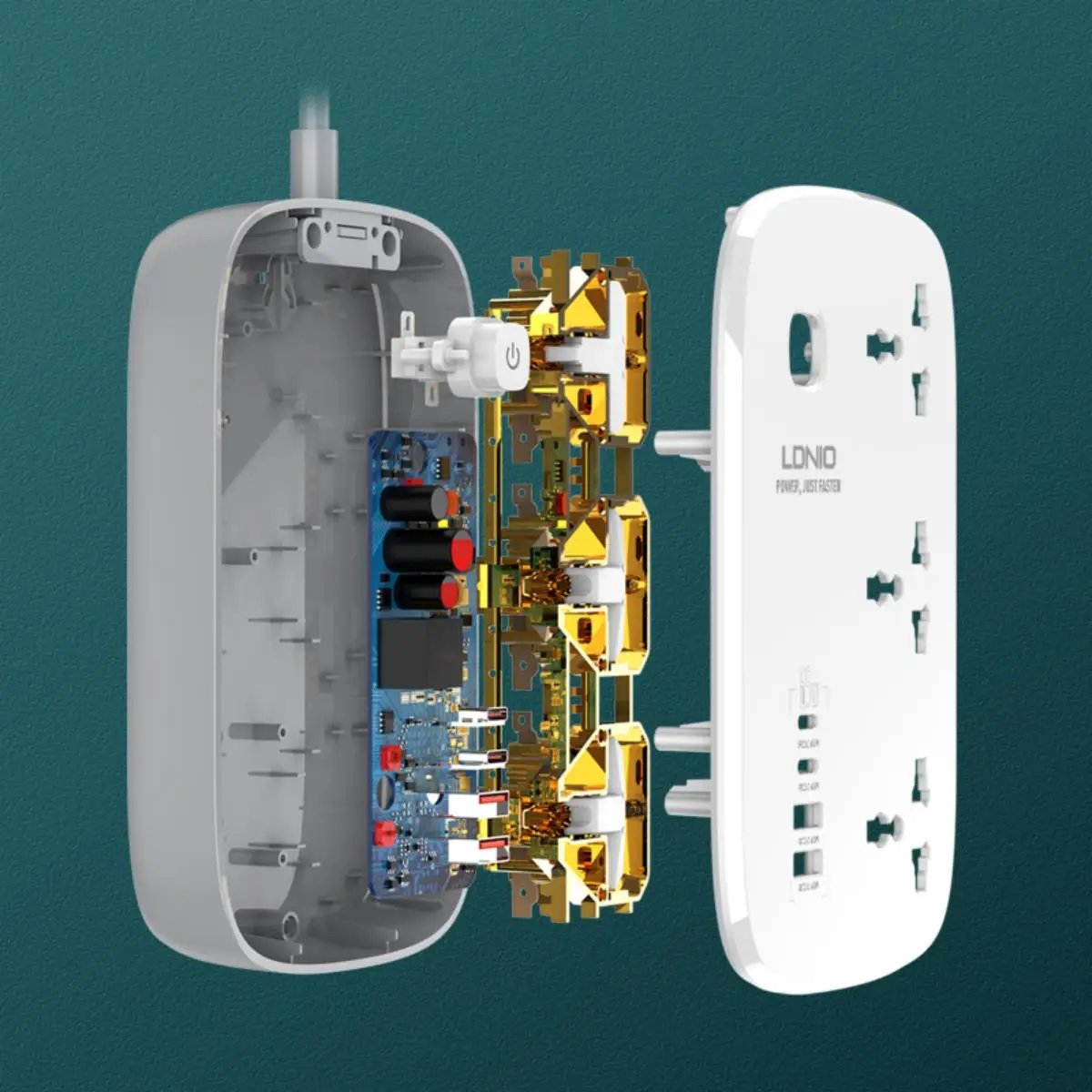 Exploded view of the LDNIO SC3416 power strip, showcasing its internal structure, high-quality copper wiring, and safety components.