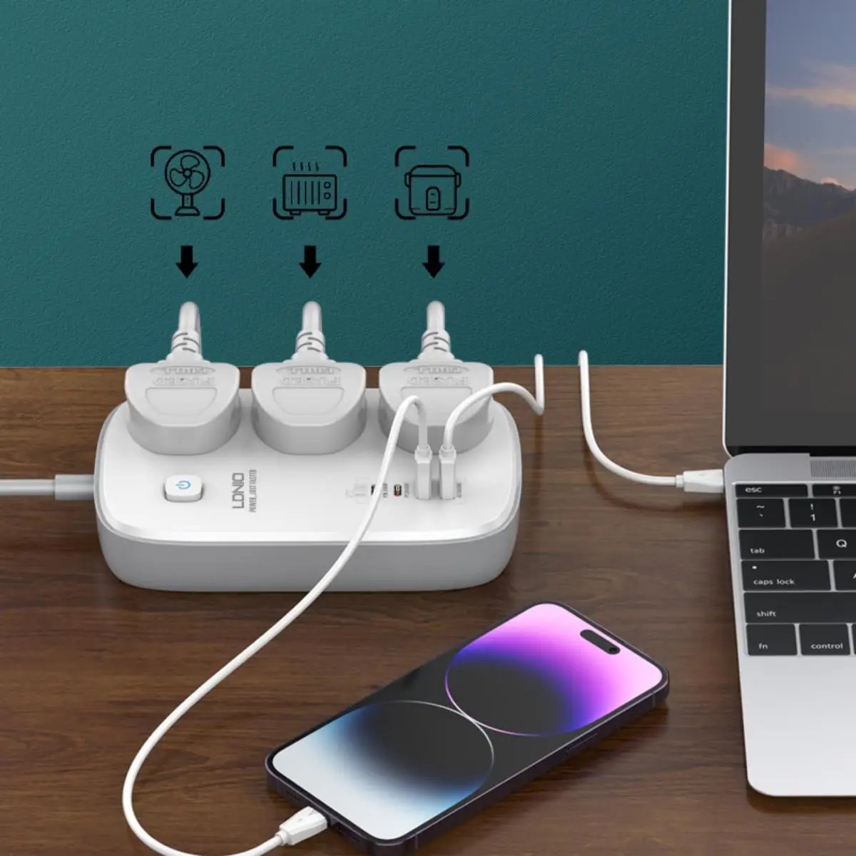 LDNIO SC3416 power strip in use, powering a laptop, smartphone, and other devices simultaneously with its high-power sockets and USB ports.