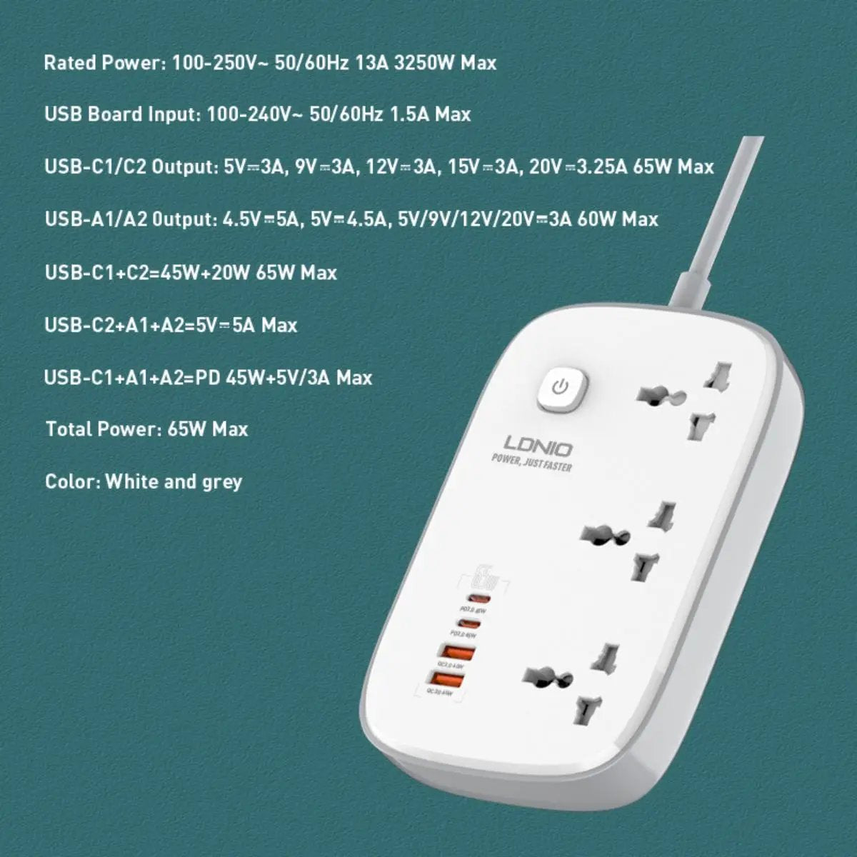 Technical specifications of the LDNIO SC3416 power strip, detailing power ratings, USB output configurations, and color options.