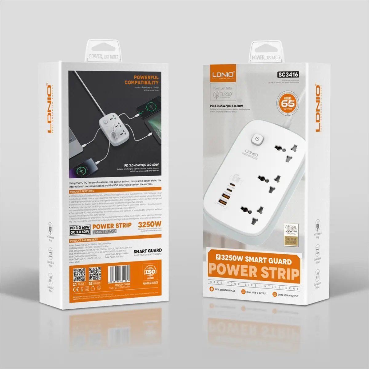 LDNIO SC3416 power strip packaging, showcasing product specifications, compatibility, and smart guard features for enhanced safety and performance.