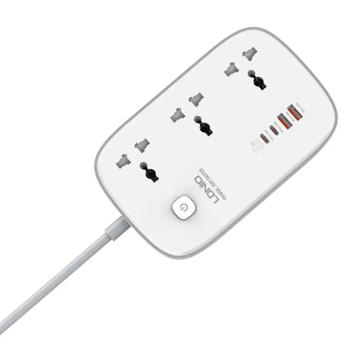 LDNIO SC3416 power strip with 3 AC outlets and 4 USB ports for fast charging. Features a sleek white design with a power button and safety door.