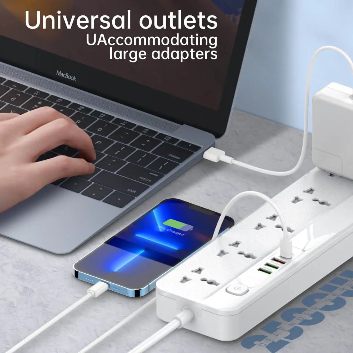 Universal outlets on the LDNIO SC5415 Power Strip accommodate large adapters, making it ideal for charging multiple devices simultaneously.