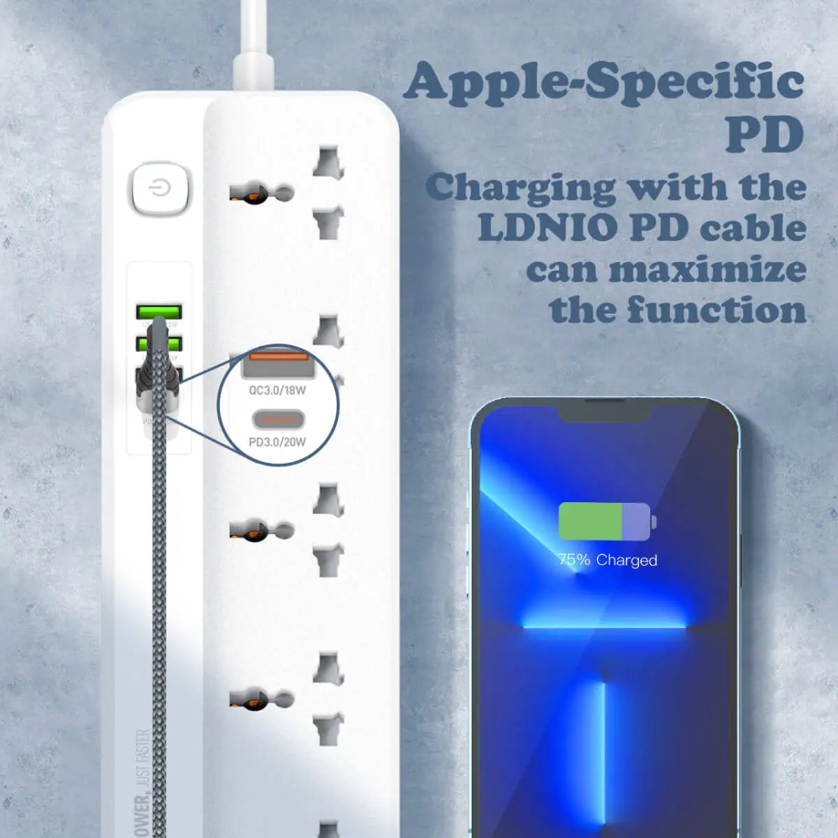 LDNIO SC5415 Power Strip with Apple-Specific PD charging, maximizing efficiency when used with an LDNIO PD cable for fast and safe charging.