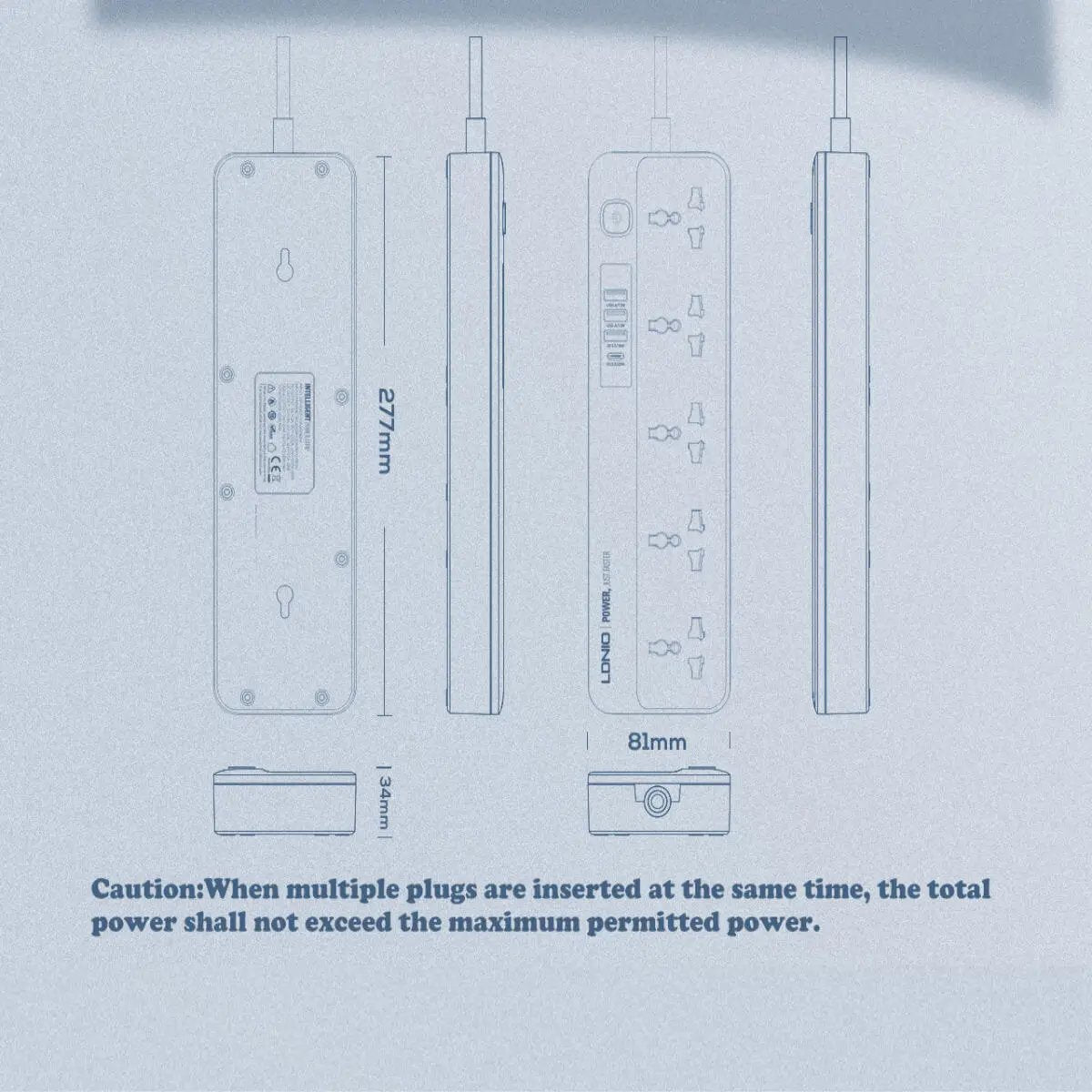 Technical blueprint of the LDNIO SC5415 Power Strip, displaying dimensions and cautionary details for safe and optimal power usage.