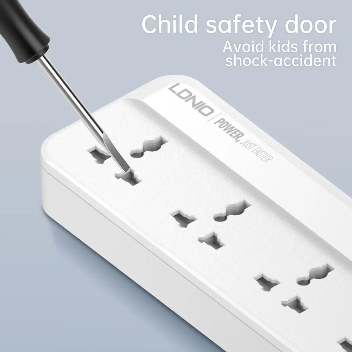 Child safety door feature on the LDNIO SC5415 Power Strip prevents accidental shocks, ensuring a safer environment for kids at home.