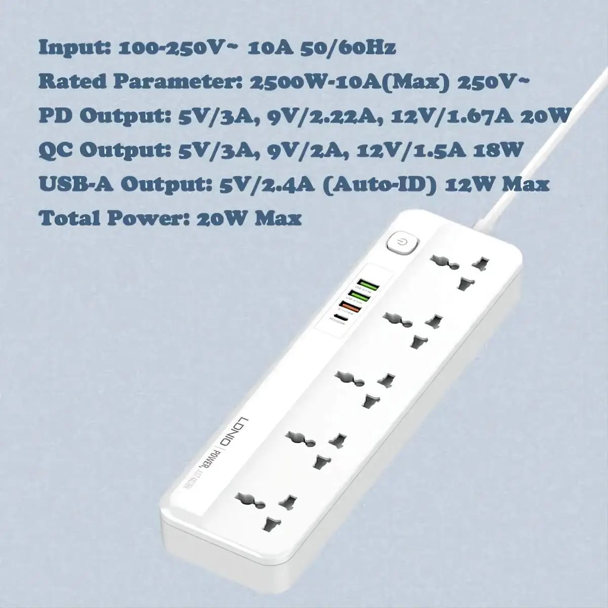 LDNIO SC5415 Power Strip specifications, detailing input voltage, rated power, USB output capacities, and total power for efficient charging.