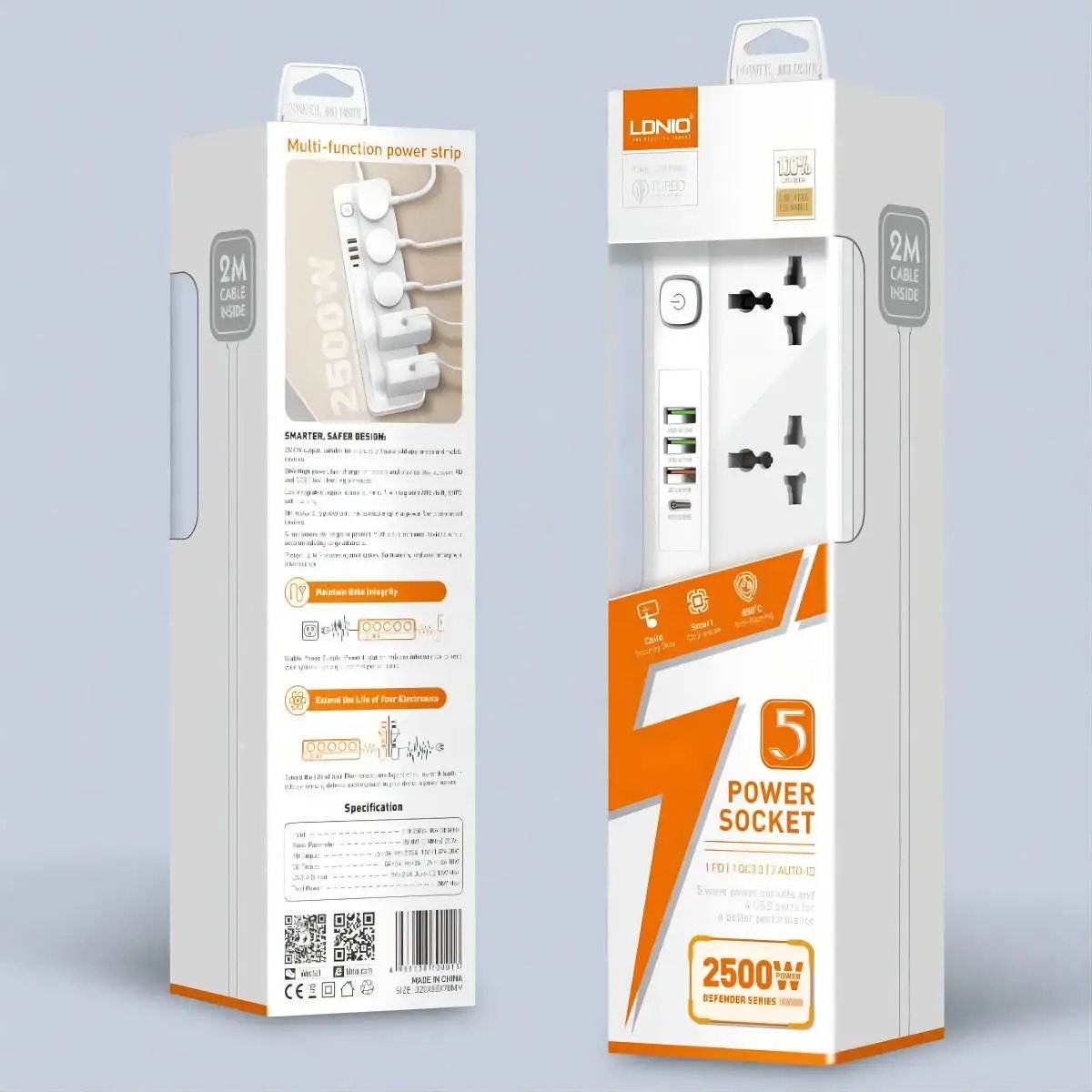 LDNIO SC5415 Power Strip retail packaging, highlighting key features such as 5 power sockets, 4 USB ports, and a 2500W power capacity.