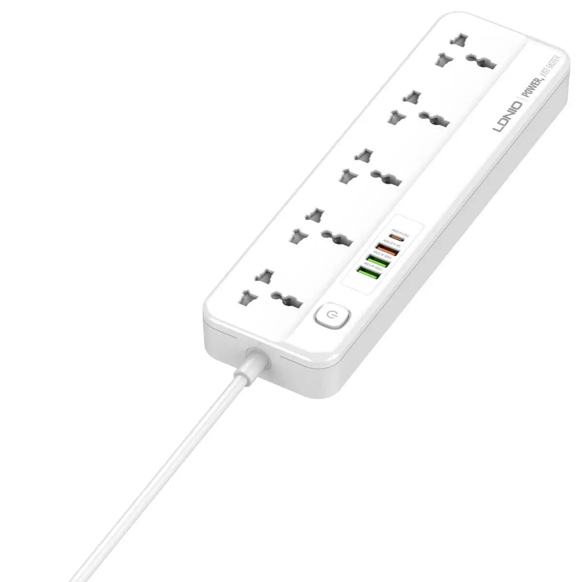 LDNIO 5 AC Outlets Universal Power Strip SC5415 with 4 USB ports, power button, and a 2M cable for efficient charging and power management.
