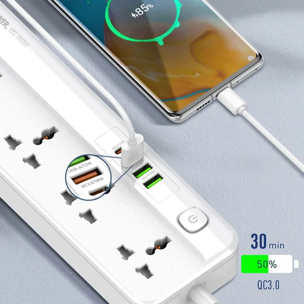 LDNIO SC5415 Power Strip with fast-charging USB ports, showcasing QC3.0 technology for 50% charge in 30 minutes, ideal for quick device charging.
