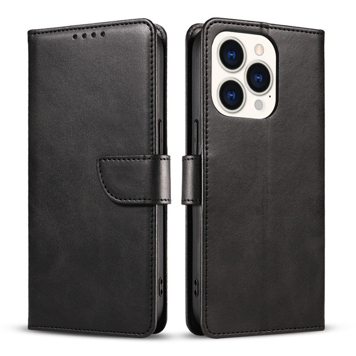 MatteCase Series iPhone Leather Case in black with magnetic closure, showcasing front and back views for premium phone protection.