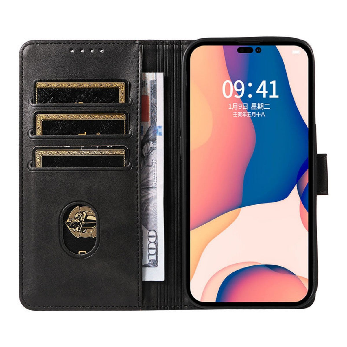 Black MatteCase Series iPhone Leather Case open with phone, cards, and cash inside, combining wallet and case functionality.
