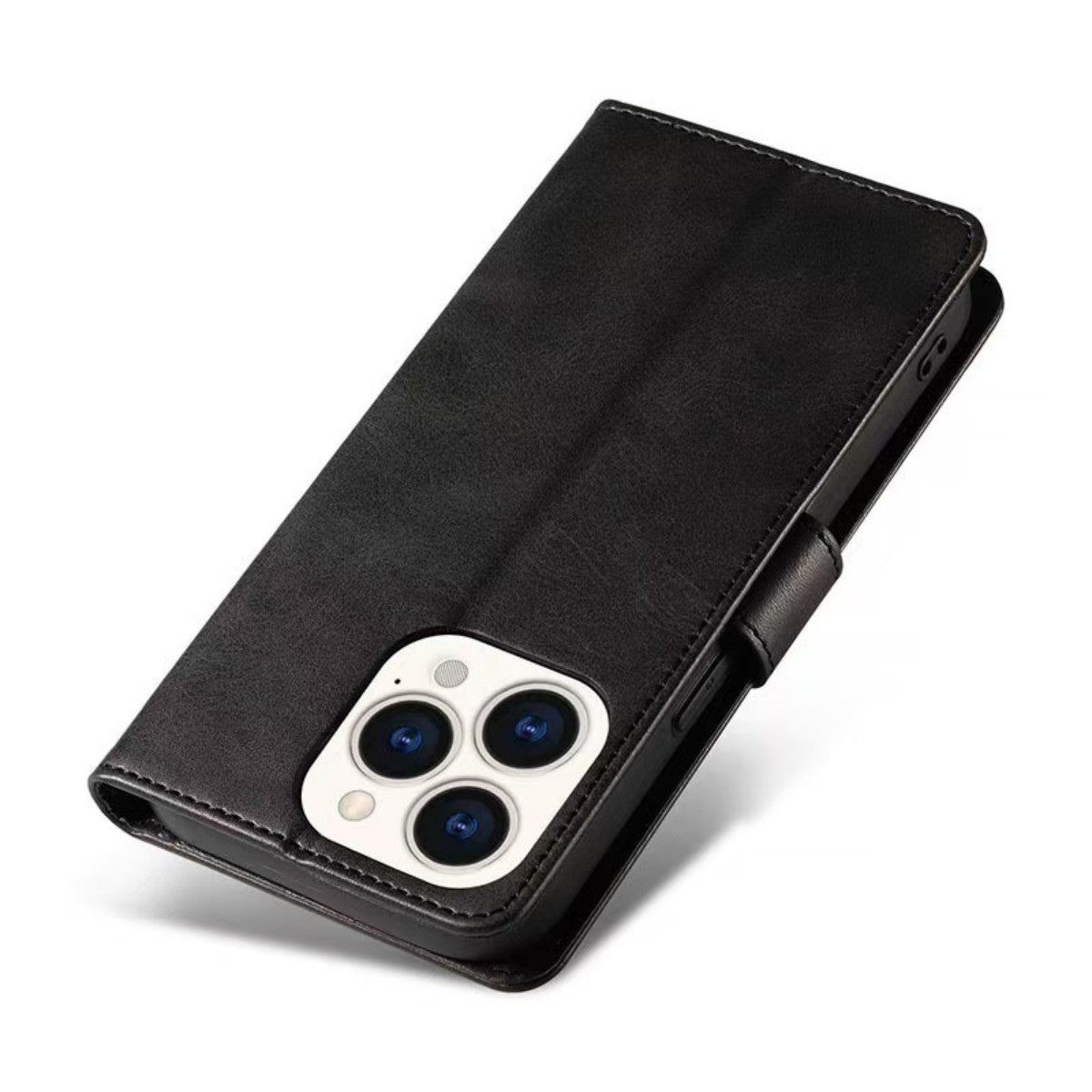 Angled view of black MatteCase Series Samsung Leather Case with camera cutout. Durable leather case for Samsung smartphones.
