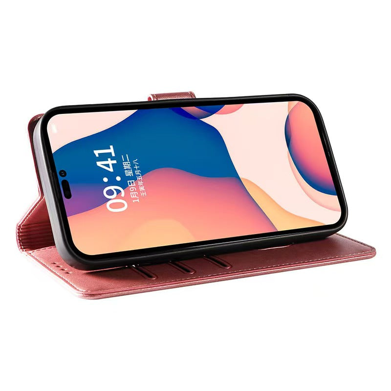 Red MatteCase Series Samsung Leather Case in stand mode for hands-free viewing. Functional and stylish leather phone case.