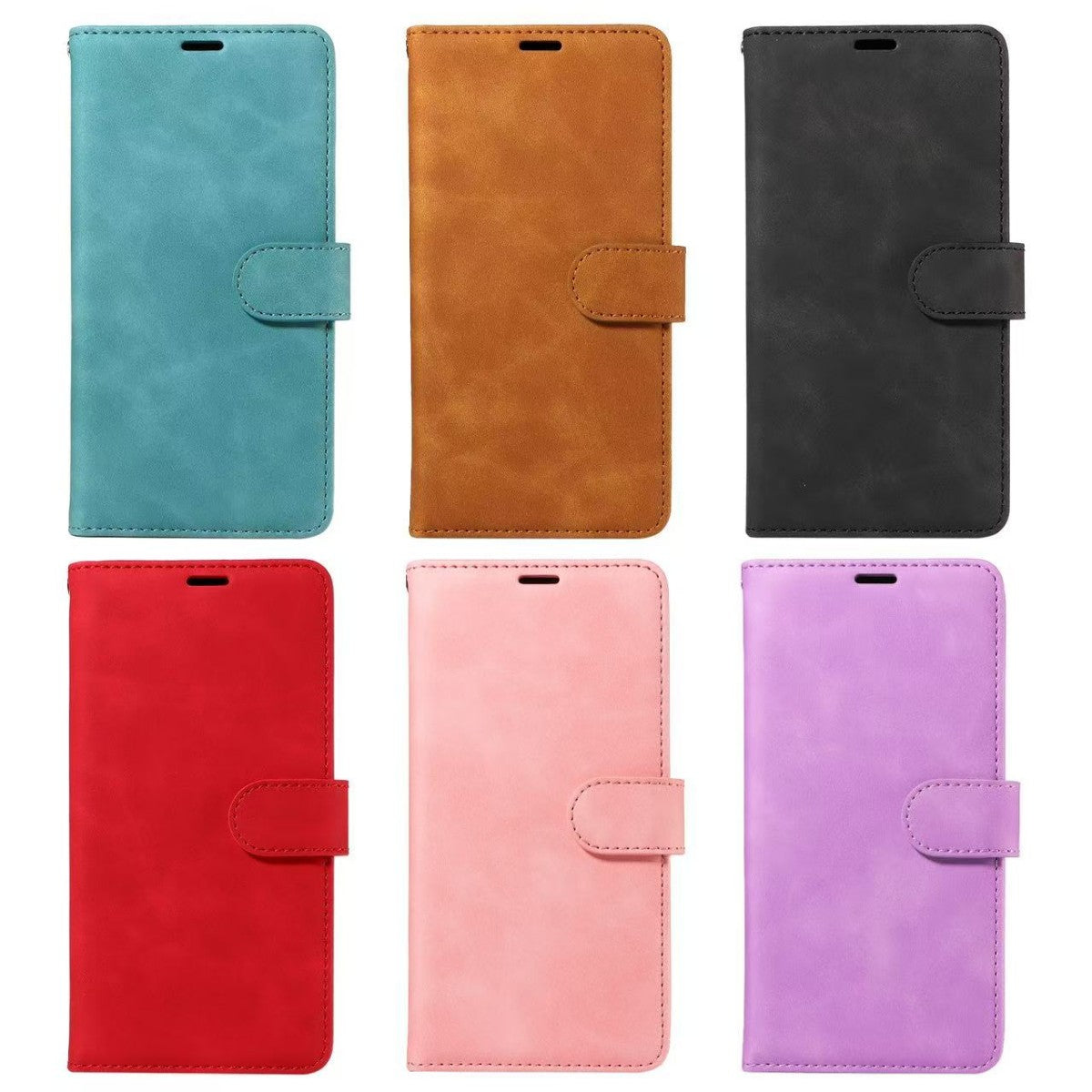 Assorted colors of MatteCase Series iPhone Leather Cases including teal, red, pink, and black, ideal for stylish phone protection.