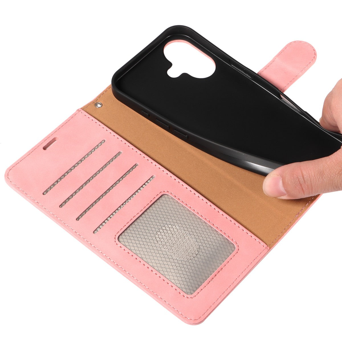 Interior of pink MatteCase Series Samsung Leather Case with card slots and transparent ID window. Practical and stylish phone case.