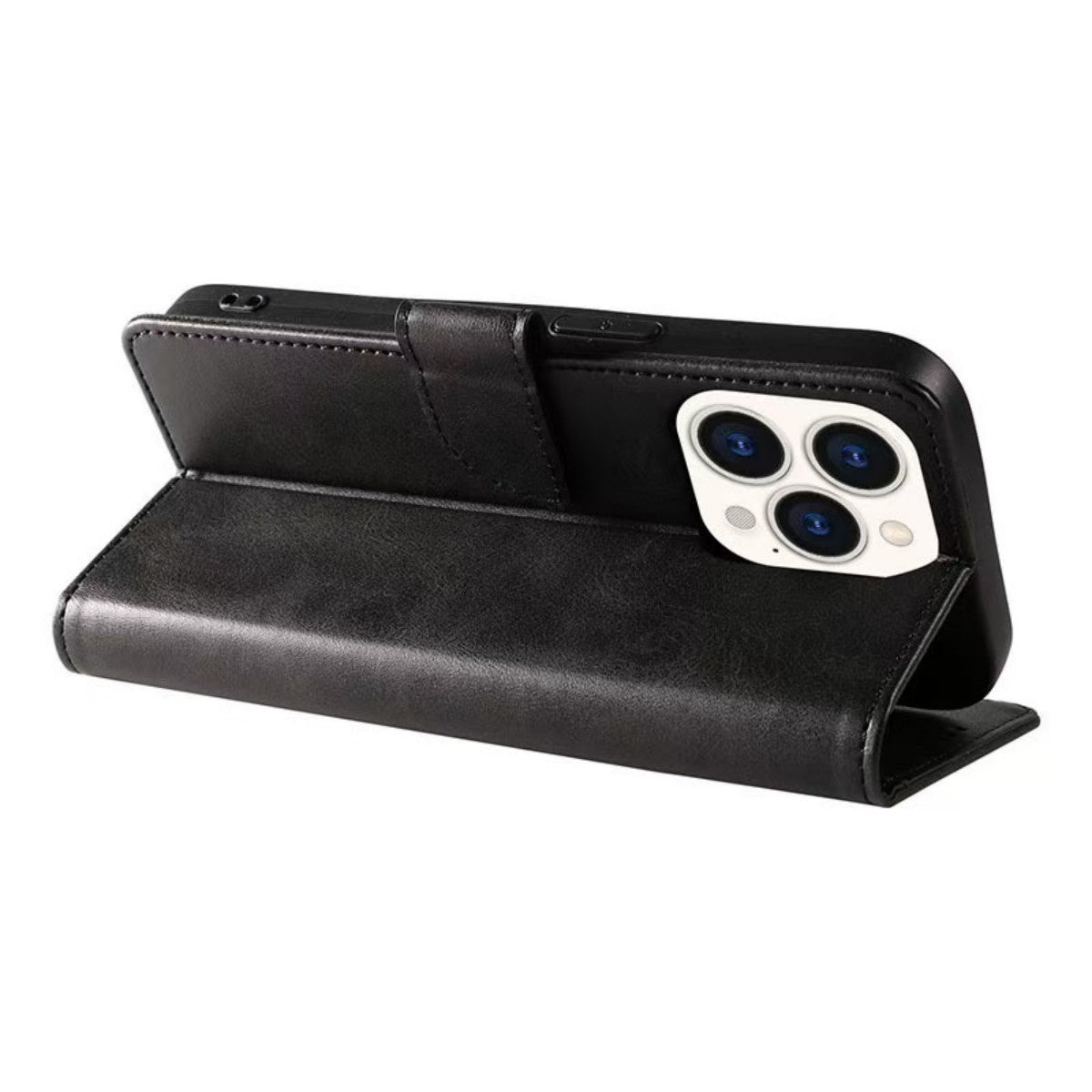 Black MatteCase Series iPhone Leather Case in horizontal stand position, ideal for media viewing and hands-free use.