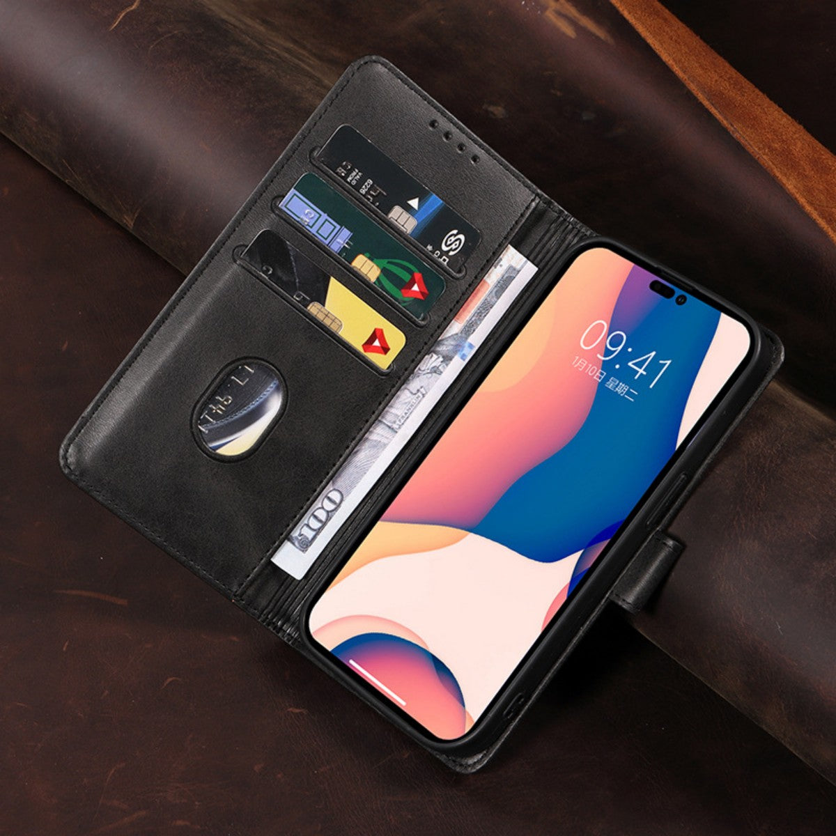 Black MatteCase Series Samsung Leather Case with card slots and cash pocket, shown open with phone and cards inside. Ideal for multifunctional phone protection.