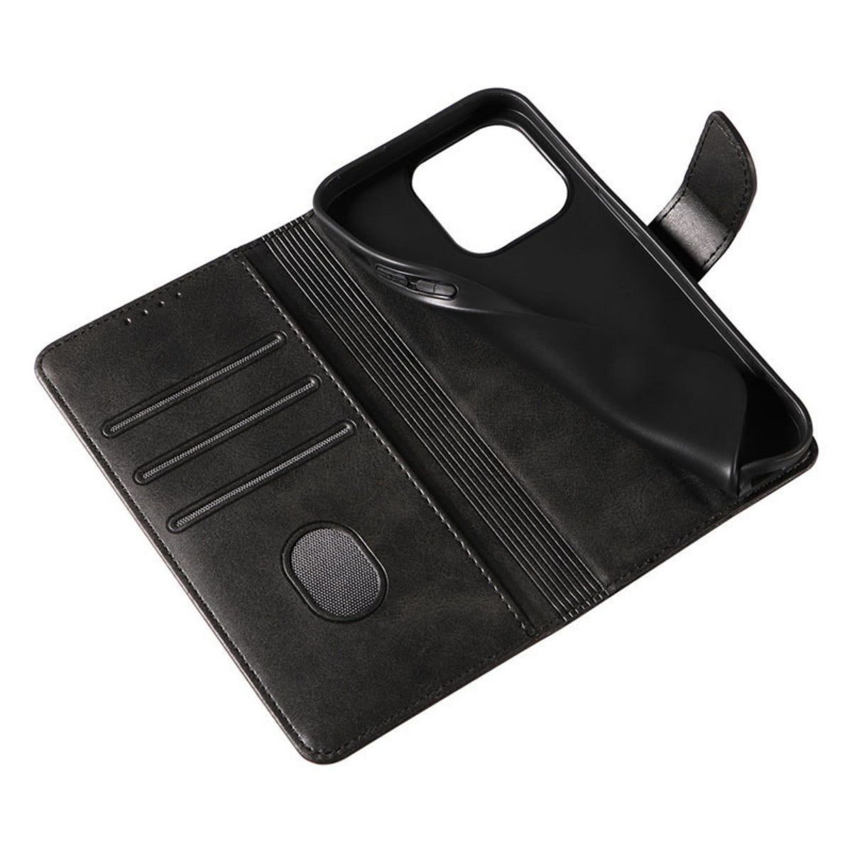 Interior of black MatteCase Series Samsung Leather Case with card slots and flexible phone holder. Designed for convenience and protection.
