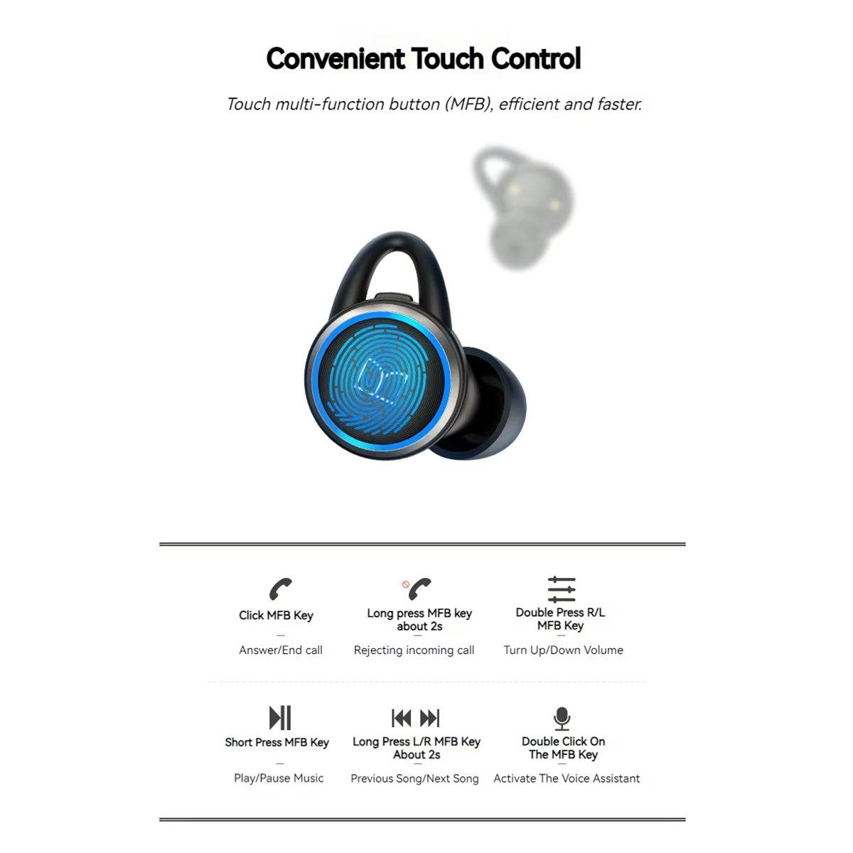 Convenient touch control features of MONSTER Clarity 101 Plus Airlinks True Wireless Earphones, allowing users to manage calls, music, and volume effortlessly.