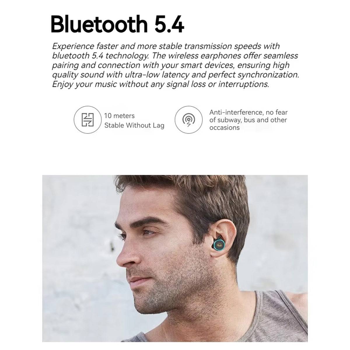 Man wearing MONSTER Clarity 101 Plus Airlinks True Wireless Earphones, emphasizing Bluetooth 5.4 for stable, lag-free music and calls with anti-interference technology.