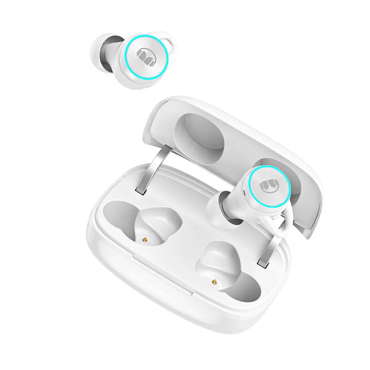 White MONSTER Clarity 101 Plus Airlinks True Wireless Earphones with open charging case, showcasing sleek design and LED-accented earbuds for premium audio experience.