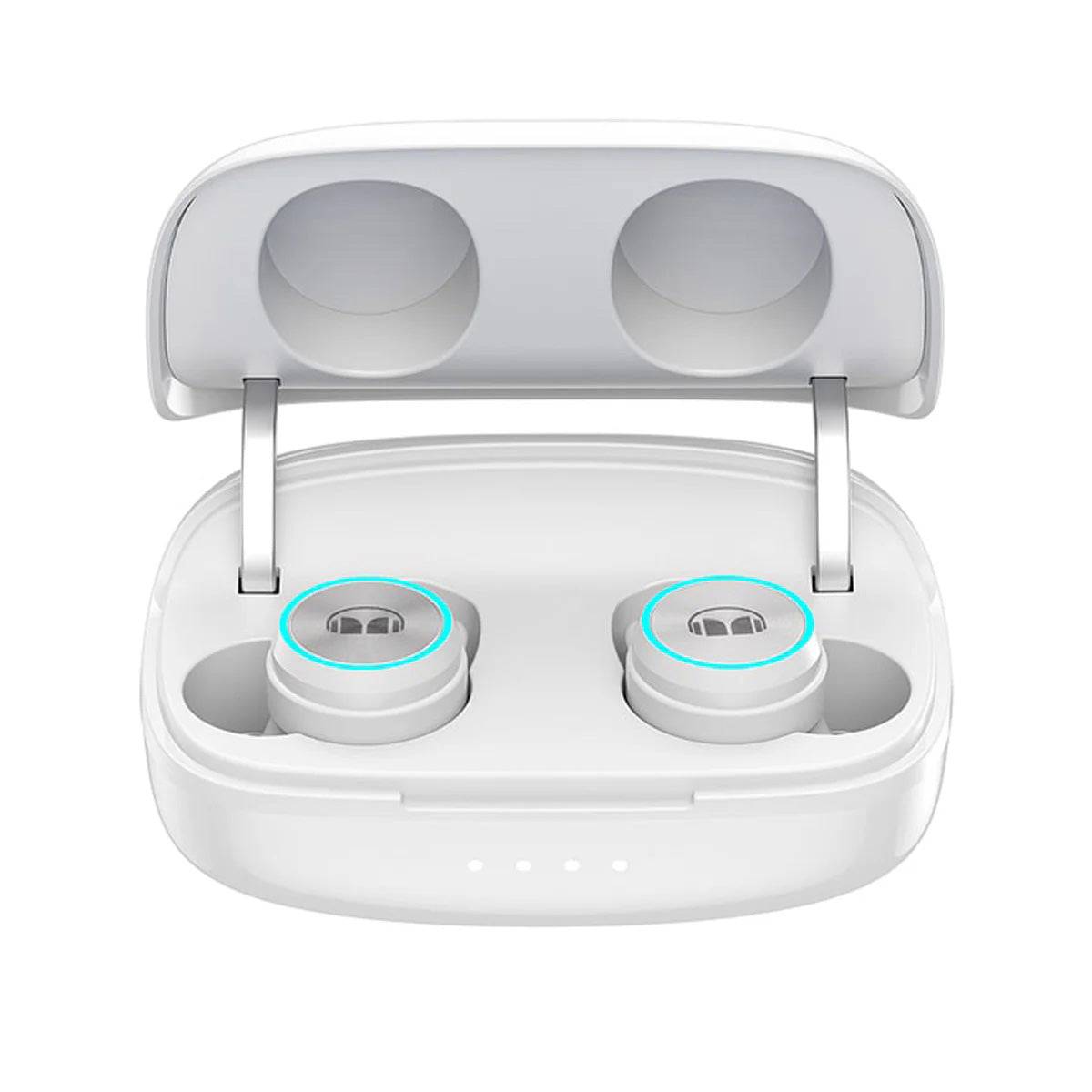 MONSTER Clarity 101 Plus Airlinks True Wireless Earphones in white with charging case open, showcasing compact earbuds with LED accents.