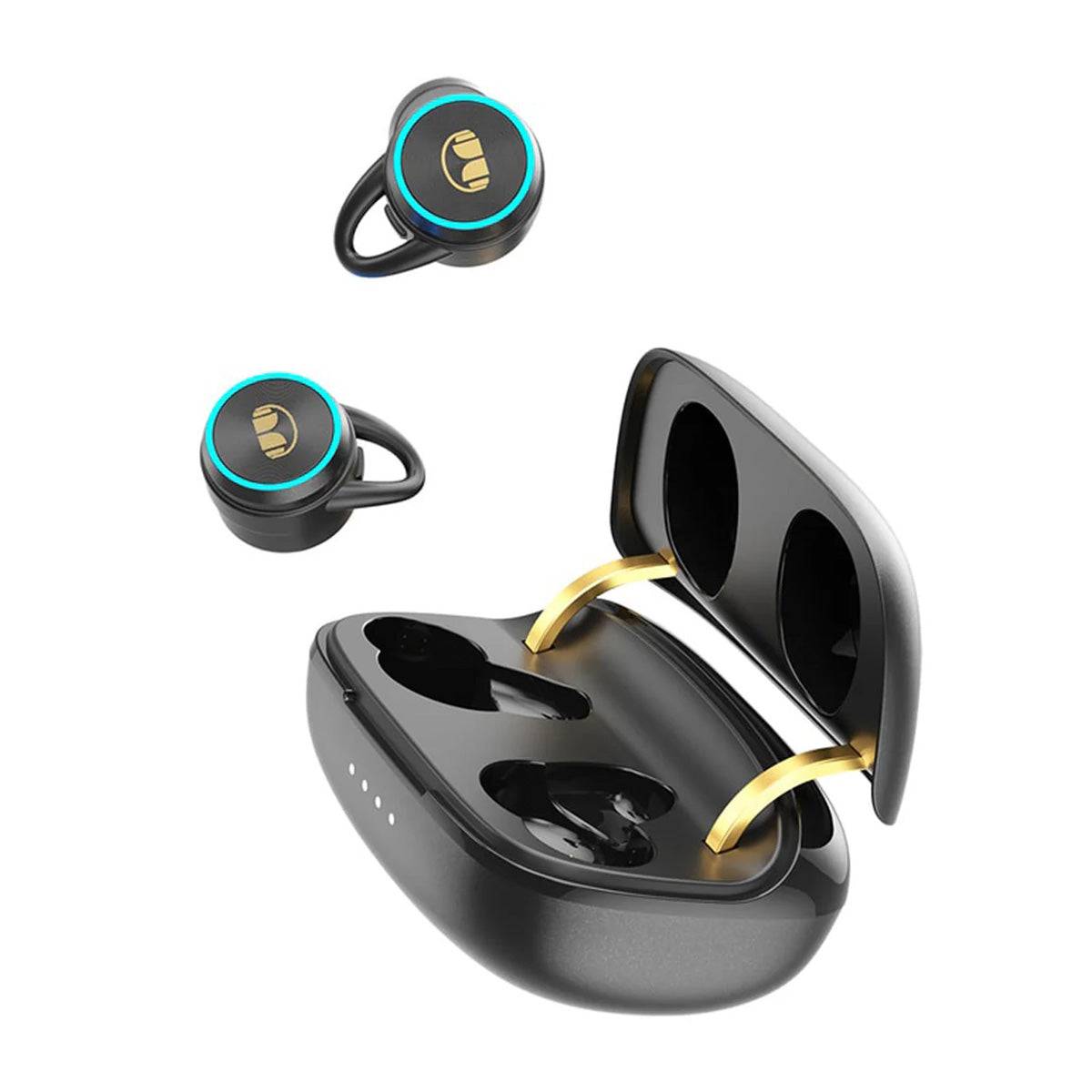 Black MONSTER Clarity 101 Plus Airlinks True Wireless Earphones with open charging case, highlighting ergonomic design and gold-accented hinges for a stylish look.