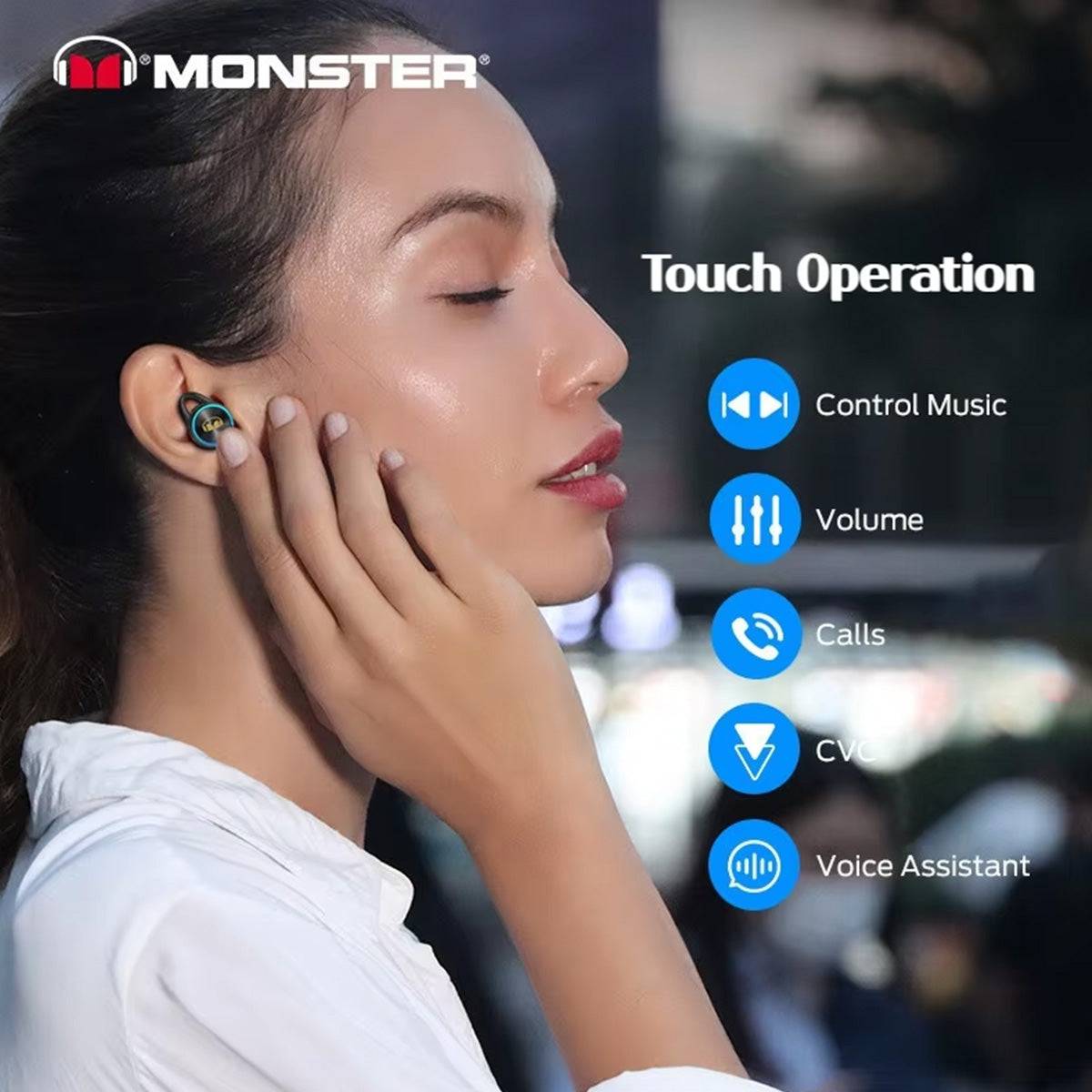 Woman wearing MONSTER Clarity 101 Plus Airlinks True Wireless Earphones, highlighting touch operation for music, volume, calls, and voice assistant.