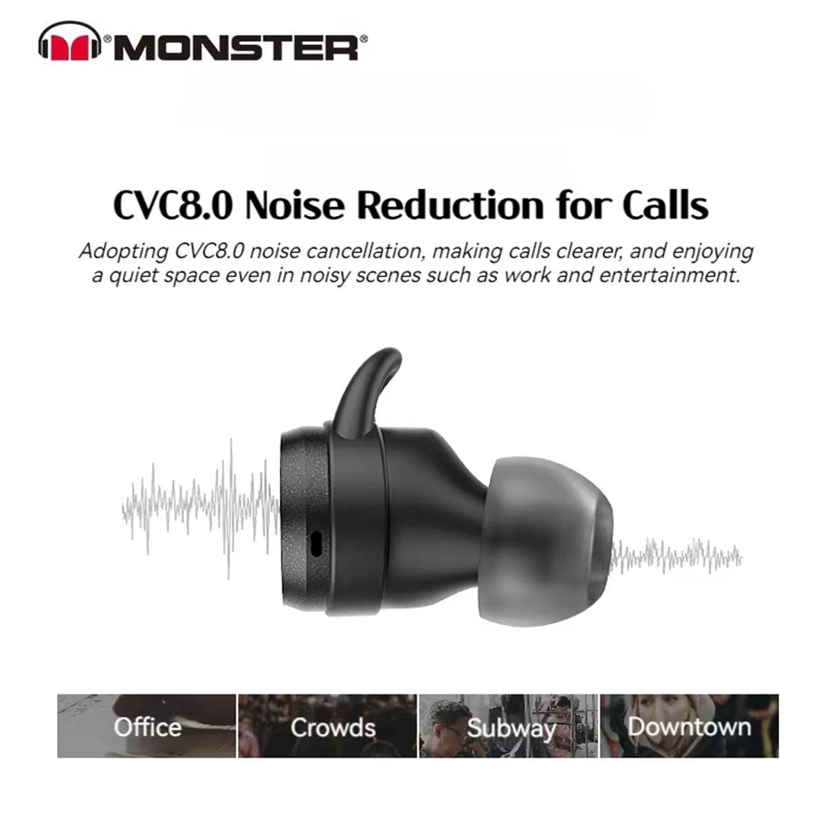 CVC8.0 noise reduction technology in MONSTER Clarity 101 Plus Airlinks True Wireless Earphones, ensuring clear calls in noisy environments like offices and subways.