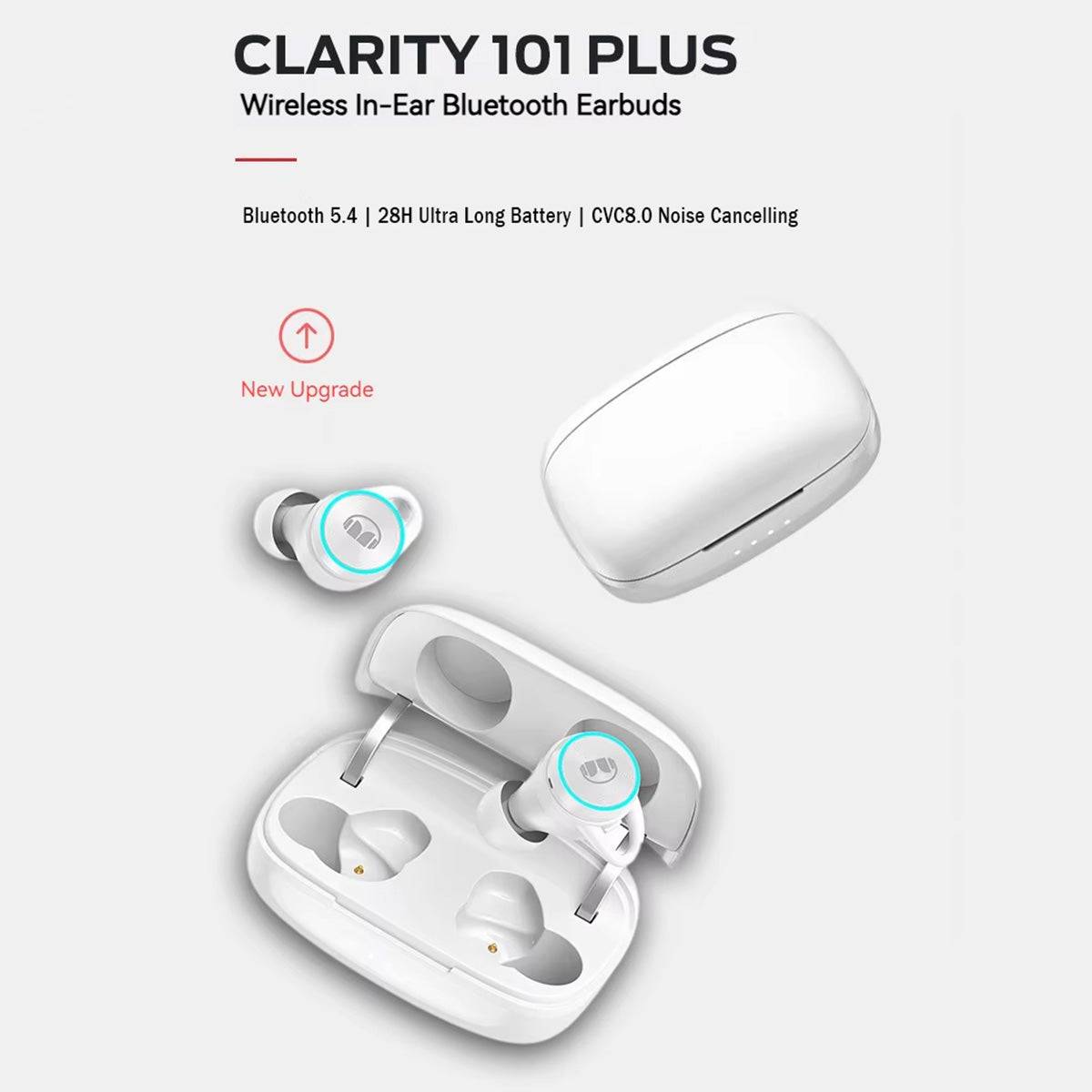 White MONSTER Clarity 101 Plus Airlinks True Wireless Earphones with open charging case, highlighting Bluetooth 5.4, 28-hour battery life, and noise cancellation.
